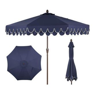 Jonathan Y Designs Tracy 9 ft. Classic MidCentury Scalloped Fringe Market Patio Umbrella with Auto-Tilt, Crank, Wind Vent and UV Protection in Navy at