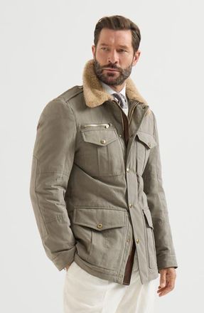 Brunello Cucinelli Waxed techno cotton safari jacket with Thermore padding, nappa leather inserts and shearling collar in Medium Grey at Nordstrom