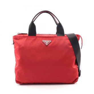 Prada Black Red Color Nylon Leather Handbag Tote Bag (Pre-Owned)