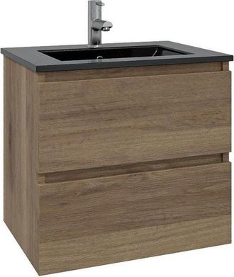 Adema Chaci Badkamermeubelset - 60x46x57cm - 1 keramische wasbak zwart - 1 kraangat - 2 lades - eiken