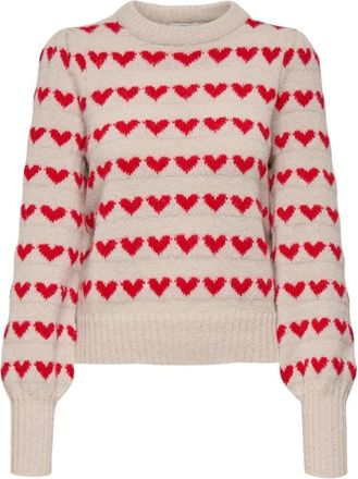 Jacqueline de Yong Geprintte Ronde Hals Trui met Lange Mouwen - Dames - Ronde hals truien - Beige - L - Polyester - Truien & Vesten