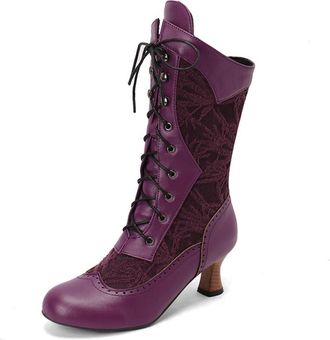 Generic Womens Round Toe PU Leather Short Boots Lace Up Gothic Punk Boots Mid Kitten Heel Cosplay Mid-Calf Boot,Purple,10.5 UK