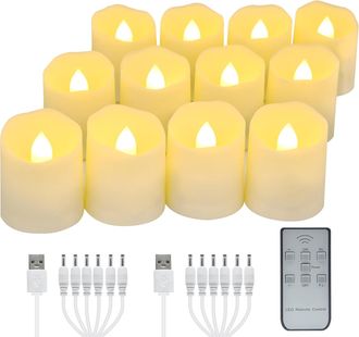 OEM Juego De 12 Velas Led Recargables Tipo Candela De T&eacute; Con Control Remoto, Temporizador, Llama El&eacute;ctrica Parpadeante, Luz Blanca C&aacute;lida