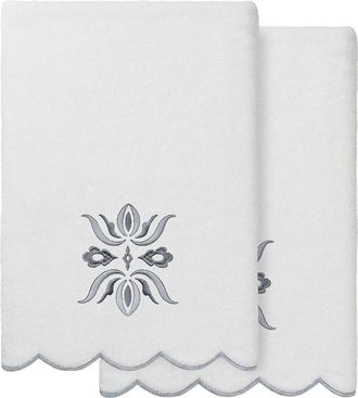 Linum Home Textiles 100% Turkish Cotton Flower Crest Scallop 2Pc Embellished Bath Towel Set