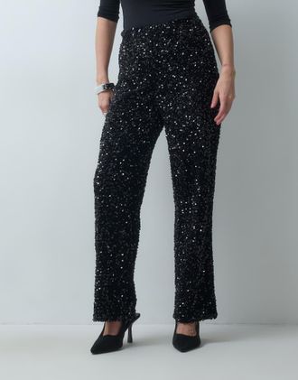 Vero Moda pantaloni a vita alta a gamba larga con paillettes neri-Nero
