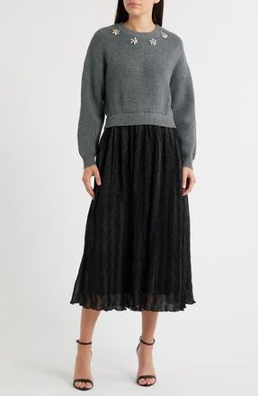 ZOE AND CLAIRE Mixed Media Embellished Long Sleeve Sweater Dress in Grey/Black at Nordstrom Rack, Size X-Small