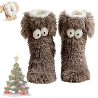 Generic Cozy Socks, Womens Winter Warm Fuzzy Non-Slip Slipper Socks with Cute Big Eyes, Thick Fleece Indoor Home Floor Socks (Brown) (C)