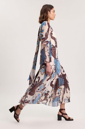 Karen Millen Womens Petite Paisley Blue Pleated Woven Maxi Dress - Size 12 UK