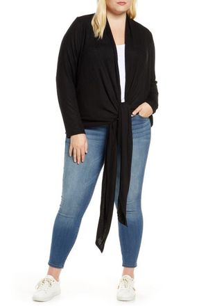 Loveappella Multi Wear Tie Front Draped Cardigan in Black at Nordstrom, Size 1X