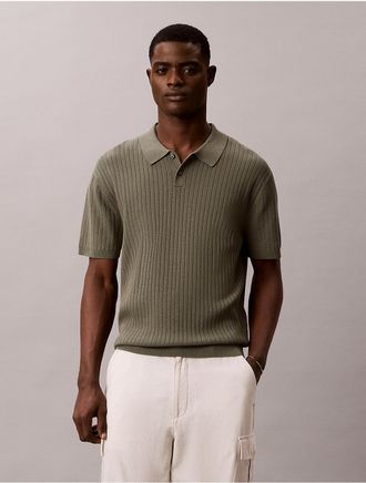 Calvin Klein Mens Ribbed Sweater Polo Shirt - Green - 2XL