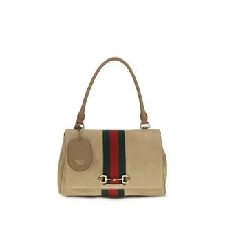 Gucci Web-Striped Suede Shoulder Bag Beige