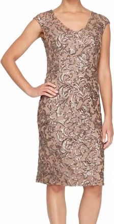 Alex Evenings Short Cap Sleeve Beaded Cocktail Dress In Mocha