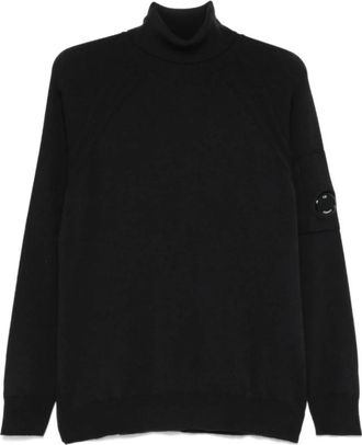 C.P. Company Turtlenecks, male, Black, Size: 3XL Black Merino Wool Sweater with Sleeve Pocket
