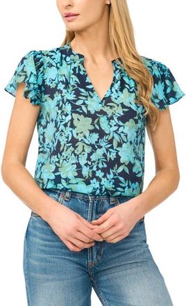 CeCe by Cynthia Steffe Floral Flutter Sleeve Top in Classic Navy at Nordstrom, Size Xx-Large