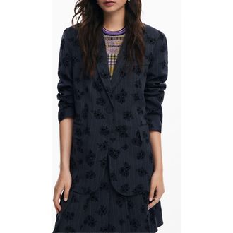 Desigual Ame Floral Embroidery Pinstripe Jacket in Black at Nordstrom, Size Medium