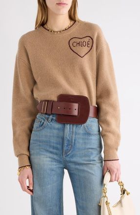 Chlo&eacute; Embroidered Logo Heart Wool & Cashmere Sweater in Bleached Brown at Nordstrom, Size X-Small