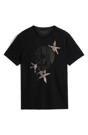 John Varvatos Embellished Skull Floral Linen & Modal Graphic Tee in Black at Nordstrom, Size Medium
