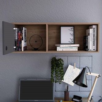 Home Source Industries Home Source - Shelf Storage Unit Wall Mounted With 1 Door 1 Shelf Oak Effect and Grey Finish