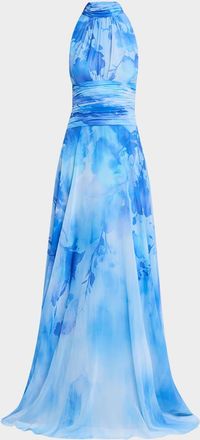 Teri Jon Cloud-Print Chiffon Halter Gown
