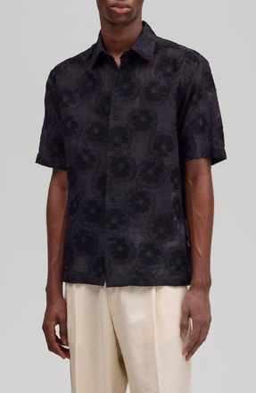 Nn.07 Freddy 50045 Embroidered Floral Short Sleeve Cotton Blend Button-Up Shirt in Black at Nordstrom, Size Xx-Large