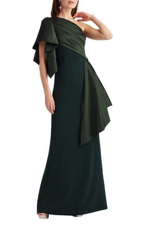 Tadashi Shoji Draped One-Shoulder Mixed Media Gown in Dark Forest at Nordstrom, Size Xx-Large