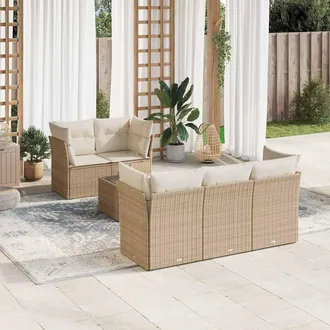 vidaXL Vidaxl - Juego De Sof&aacute;s Jard&iacute;n Con Cojines 6 Pzas Rat&aacute;n Sint&eacute;tico Beige