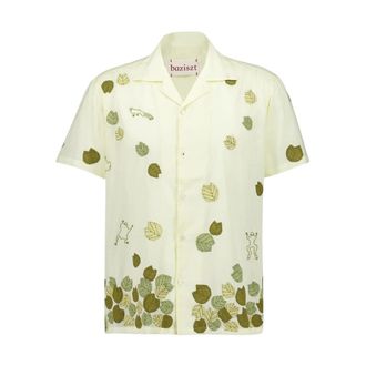 Baziszt Short Sleeve Shirts, male, Yellow, L, Yellow Lake Shirt with Leaf Motifs