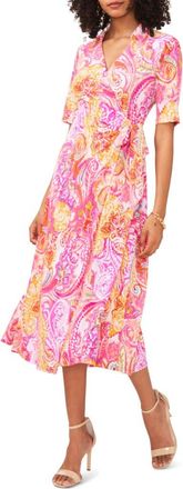 Chaus Print Faux Wrap Midi Dress in White/fuchsia/mustard at Nordstrom, Size Medium