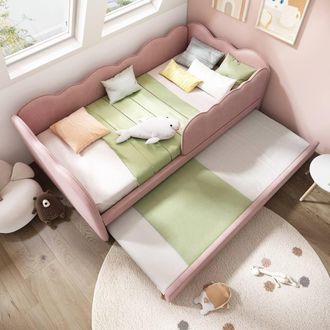Merax Upholstered 3FT Single Daybed Sofa Bed with Pull Out Trundle in Pink