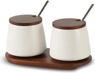 OEM Juego De 2 Botes De Cer&aacute;mica Para Especias, Bote Para Especias Con Tapa De Bamb&uacute;, Cuchara Y Cuenco, Salero, 200 Ml, Blanco