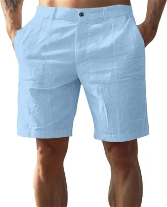 Generic Mens Cotton Linen Shorts Mens Chino Shorts Casual Solid Color Pocket Short Slim Fit Outdoor Half Pants Smart Casual Pants Summer Golf Pant Classic Bea