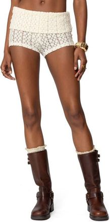 Edikted Rye Sheer Lace Foldover Shorts in Cream at Nordstrom, Size X-Large