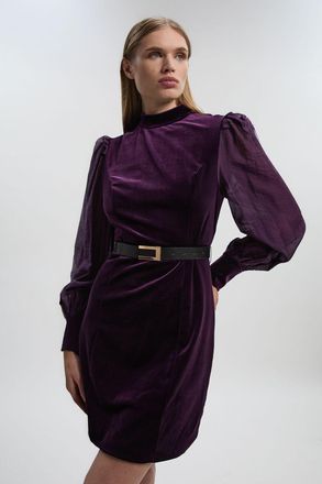 Karen Millen Womens Velvet Mesh Sleeve Belt Detail Woven Mini Dress - Purple - Size 12 UK