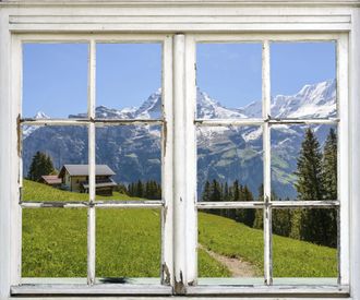 Queence Wandsticker »Hütte in den Bergen« Wandsticker, Wandbild, selbstklebend, 3D, Fenster