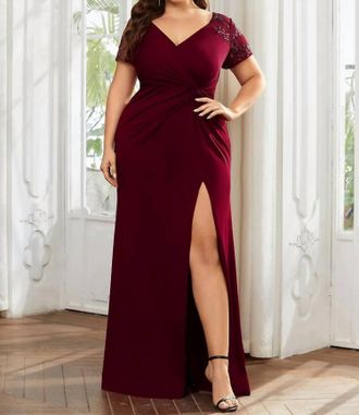 Ever-pretty Front Slit Short Sleeve With Sequin Mother Of The Bride Dress In Burgundy