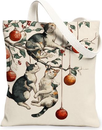 Generic Vintage Cat Canvas Tote Bag, Artistic Holiday Design Reusable Grocery Bags, Lightweight Washable Shoulder Strap Canvas Bags, Beige, 13x15 Inch
