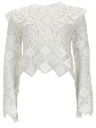 Self Portrait Cropped Keyhole Button Crochet Top