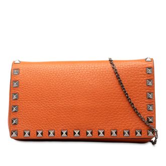 Valentino Pre-owned Womens Pebbled Calfskin Rockstud Clutch On Chain - Tan Leather - One Size