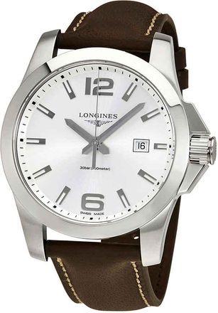 Longines Conquest Silver Dial Brown Leather Mens 43mm Watch L37604765