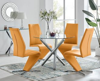 Furniturebox Selina Round Glass & Chrome Metal Dining Table & Luxury Willow Chairs Set in Mustard | Size: 2 Person