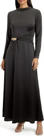 Mila Mae Belt Detail Long Sleeve Slinky Maxi Dress in Black at Nordstrom, Size X-Small