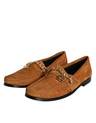 Dolce & Gabbana Mens Brown Velvet Leather Logo Mocassin Slip On Shoes
