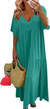 Generic Linen Maxi Dress for Women Summer Cotton Linen V-Neck Short Sleeve Baggy Outfits Oversized Boho Vacation Dresses