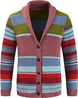Generic Mens Cardigan Sweater Knitted Multi-Color Shawl Collar Long Sleeve Jacket Button Down Stretchy (UK, Alpha, M, Regular, Regular, Pink)