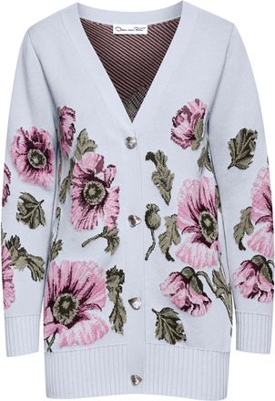Oscar De La Renta floral jacquard cardigan - women - Cotton/Polyamide/Elastane - S - Blue