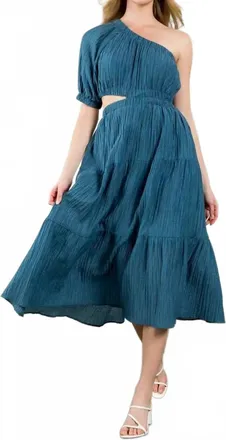 THML Clothing Mariah Textured One Shoulder Dress In Navy