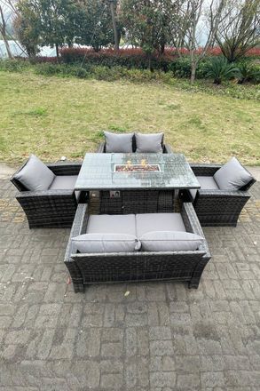 Fimous Rattan Outdoor Furniture Gas Fire Pit Rectangle Dining Table Gas Heater Chairs Sofa Sets 6 Seater in Dark Grey