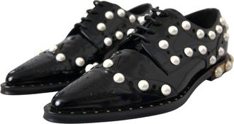 Dolce & Gabbana Womens Black Leather Faux Pearl Dress Brogue Shoes Calf Goat