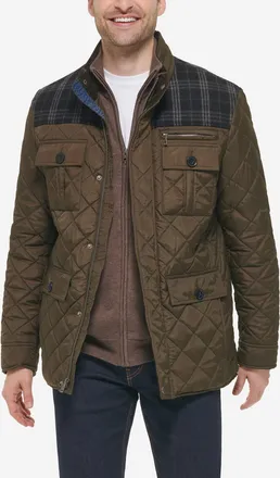 Cole Haan Mens Mix Media Diamond Quilted Jacket - Green Size 2XL