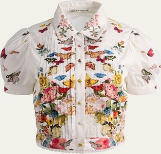 Alice & Olivia Rosie Embroidered Puff-Sleeve Shirt
